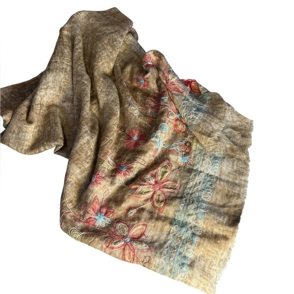 Rare Haw by Twentynine‎ Palms Tan Oversize Floral Embroidered Scarf